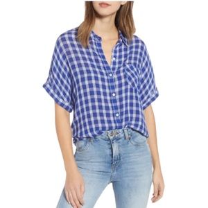 BP. Women’s Plaid Dolman Blue Collared Short Sleeve Button Down Western Top